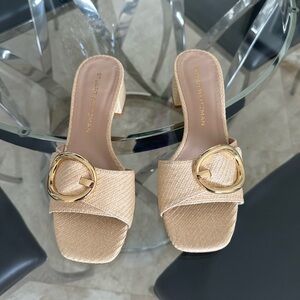 Stuart Weitzman Beige Mules with Gold Accent